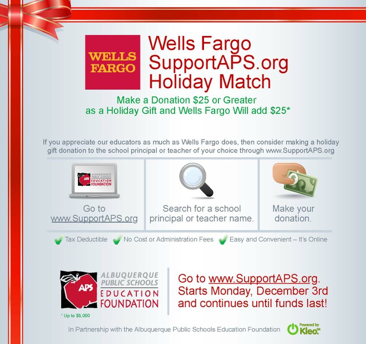 Wells Fargo to Match Donations to Teachers, Classrooms During Holidays